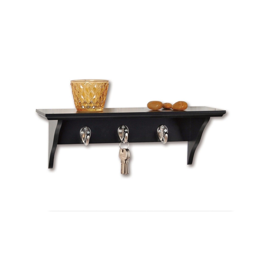Mainstays Wall Shelf 14" Black NEW Floating Ledge with 3 Hooks Organizer